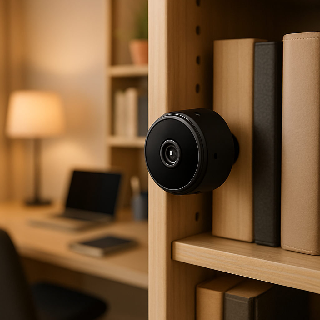 MiniGuard 1080P colocada discretamente en un estante